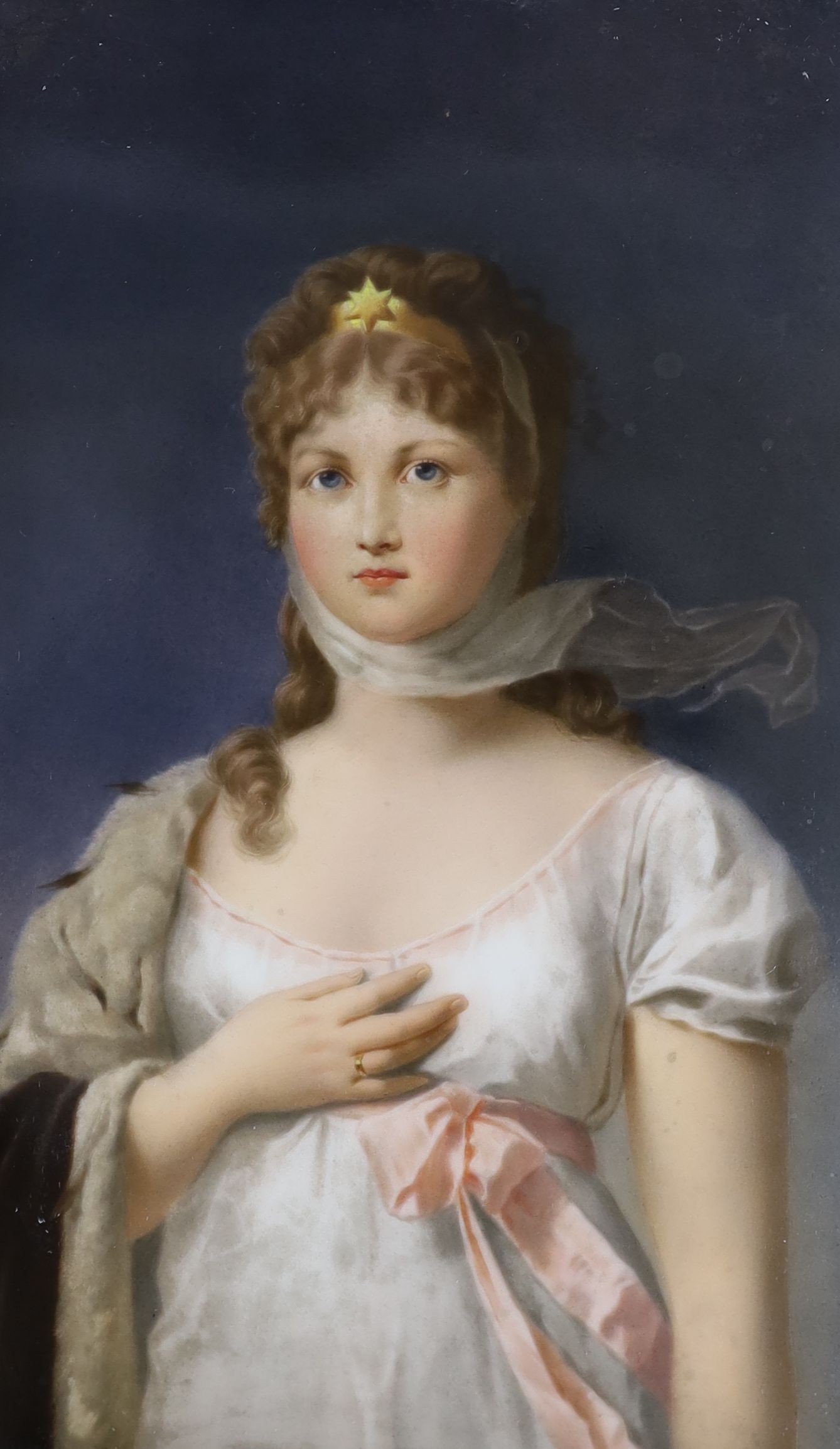 A KPM Berlin porcelain plaque painted with the Queen of Prussia, Louise of Mecklenburg-Strelitz, late 19th century, Plaque 18.5 cm x 12 cm, grubby image